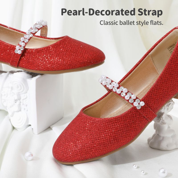 Girl's Strap Mary Jane Ballerina Flats - RED GLITTER - 4
